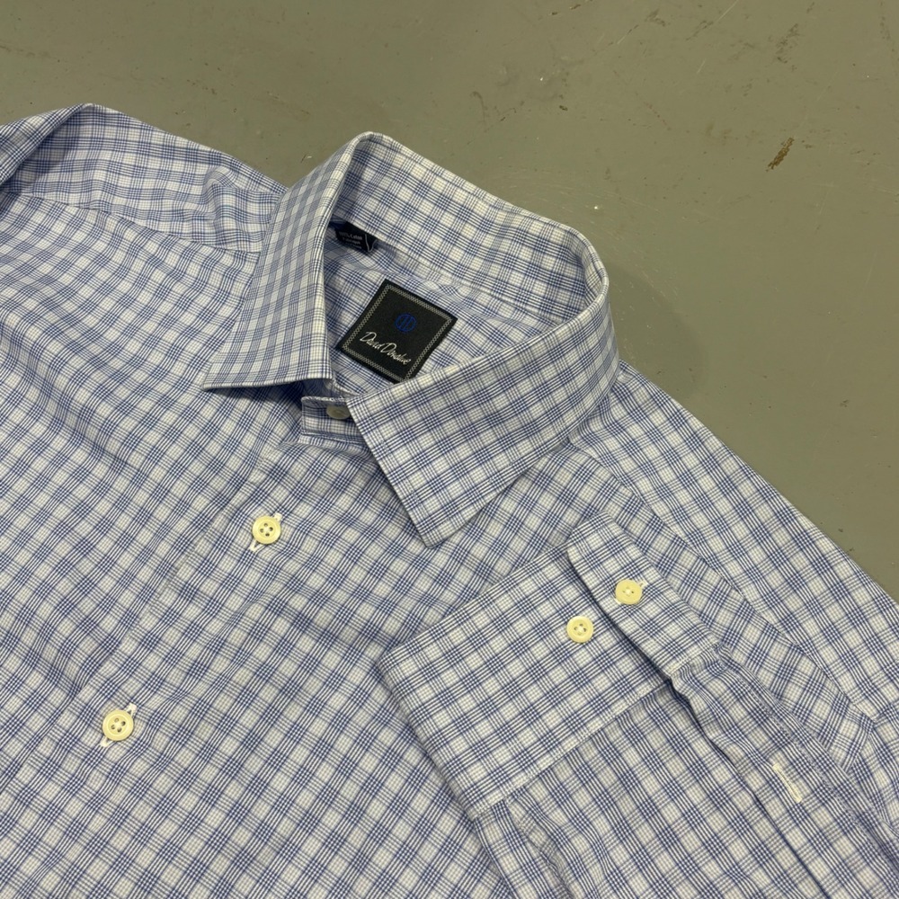 David Donahue Mens Blue White Plaid Cotton Dress Shirt 17 34/35 Long Sleeve